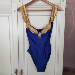 Vintage Gideon Oberson Womens One Piece Swimsuit Size 10 Royal Blue Gold